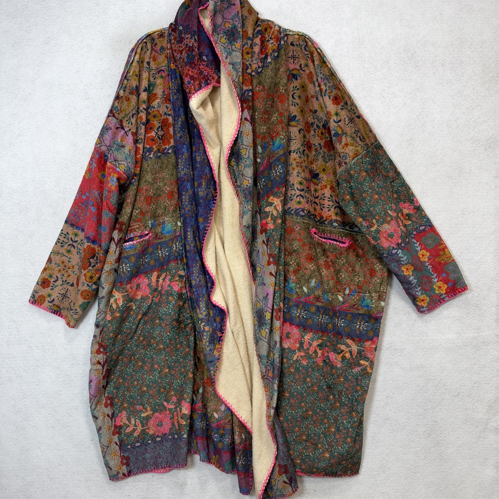 Natural Life Coatigan Womens L/XL Multicolor Floral Hooded Fleece Lined Boho